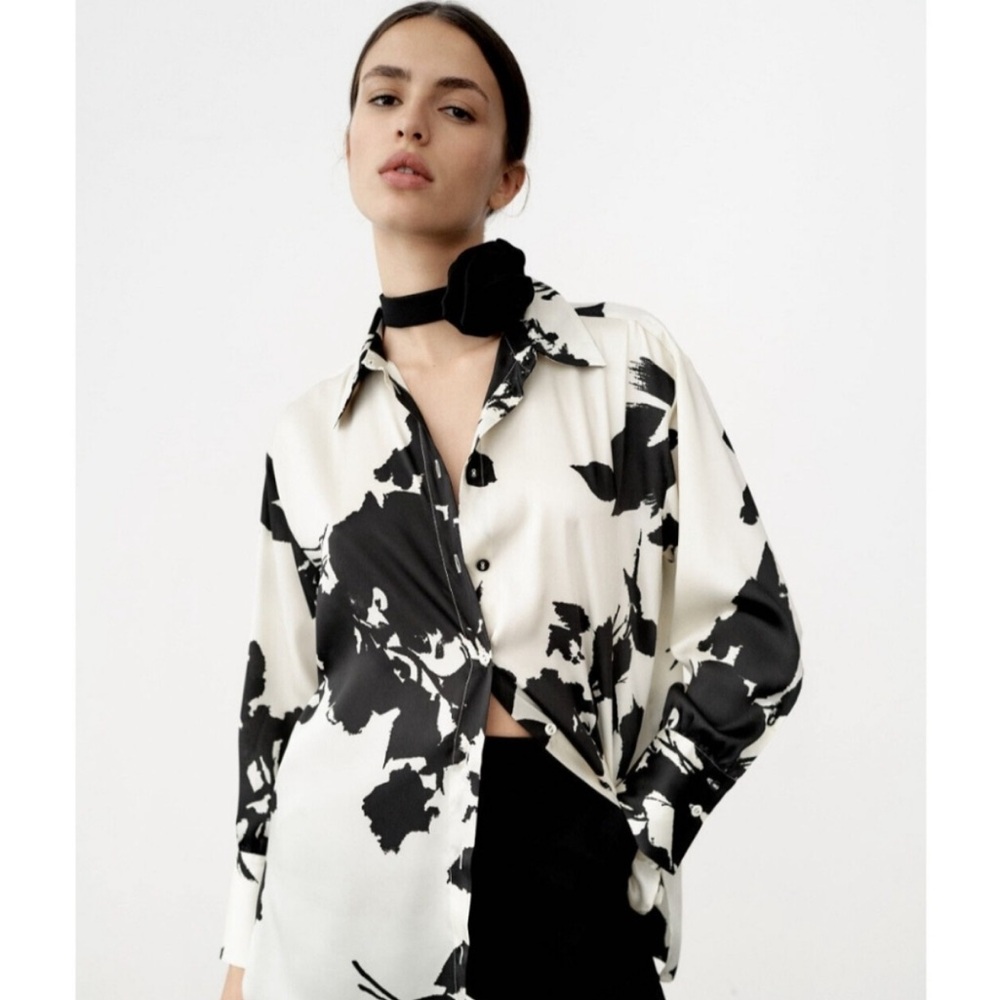 Zara black and white/ecru floral print shirt